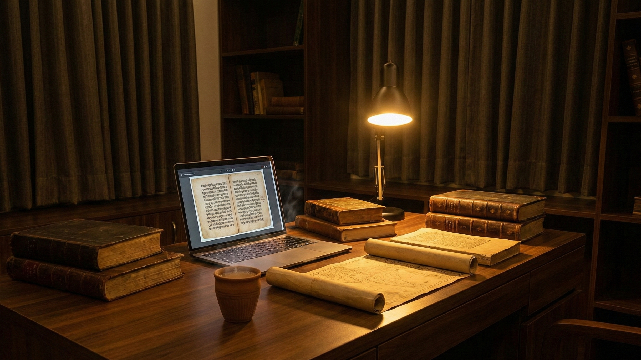 A warm, scholarly setting — a desk with historical books, a lamp casting golden light over manuscripts, and a laptop showing the Bahlul Lodi website — representing the mission of this educational project