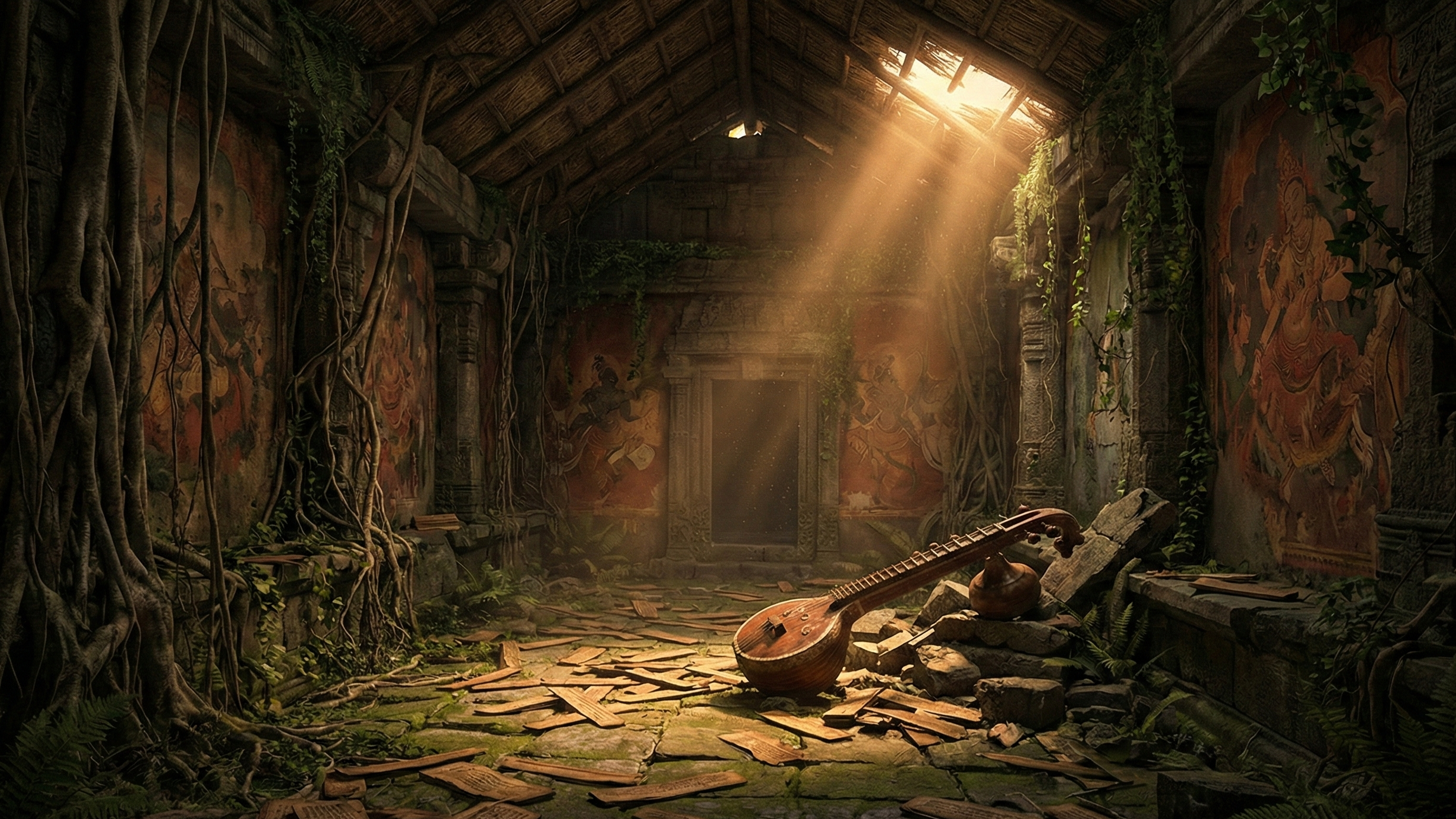 Abandoned ancient Indian gurukul with scattered palm-leaf manuscripts, broken musical instruments, and fading wall paintings — representing the cultural disruption caused by Sultanate rule in medieval India