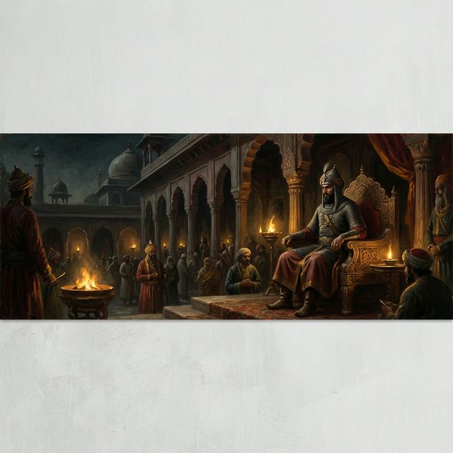 Dark atmospheric depiction of medieval Delhi Sultanate era — silhouettes of a sprawling fortress city with minarets and domes against a blood-red dusk sky, soldiers marching across a dusty plain, representing the rise of the Lodi dynasty and Afghan Sultanate rule over India