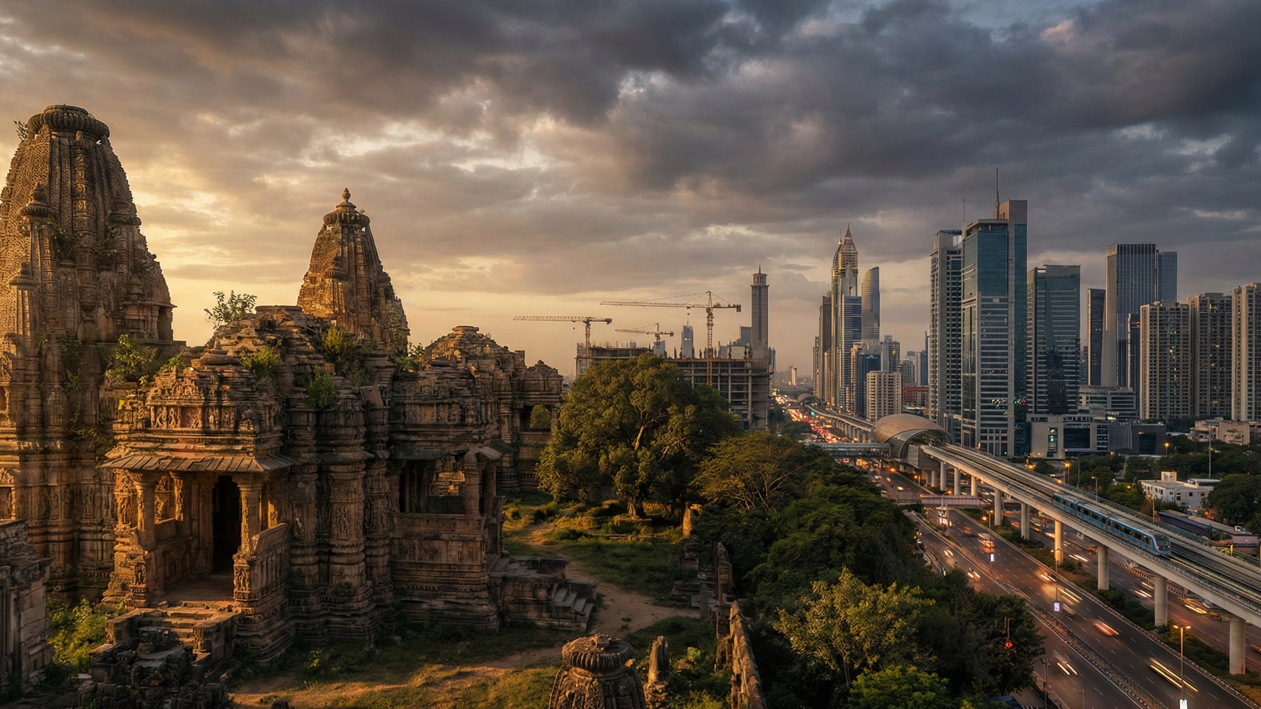 Split image — left side showing crumbling medieval Indian ruins in sepia tones, right side showing a modern Indian courtroom and protest signs — representing the connection between Sultanate-era destruction and present-day legal battles for temple reclamation