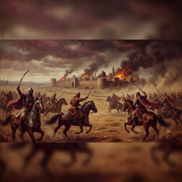 Medieval Indian battlefield scene — Afghan cavalry charging across dusty plains, burning villages in the background, siege of a fortified city, dark and dramatic atmosphere representing Bahlul Lodi's military campaigns