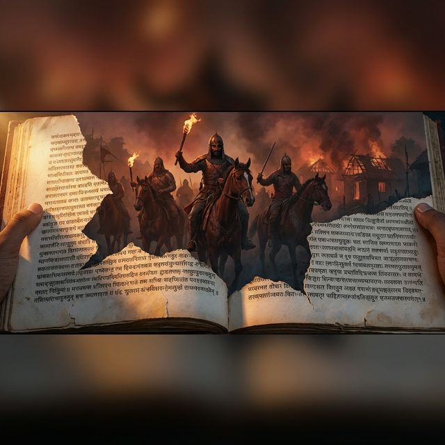 An open Indian school textbook with selective pages blurred and erased, contrasted against ancient Persian manuscripts glowing with golden text — representing the sanitization of history in Indian education