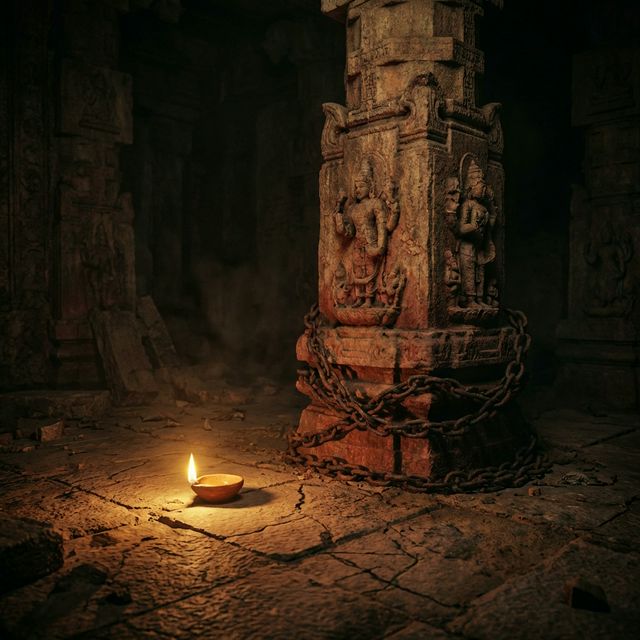 A worn stone pillar carved with Hindu deities standing alone in shadows, heavy iron chains wrapped around its base, a dim oil lamp nearby — symbolizing the systemic religious oppression of Hindu subjects under the Delhi Sultanate