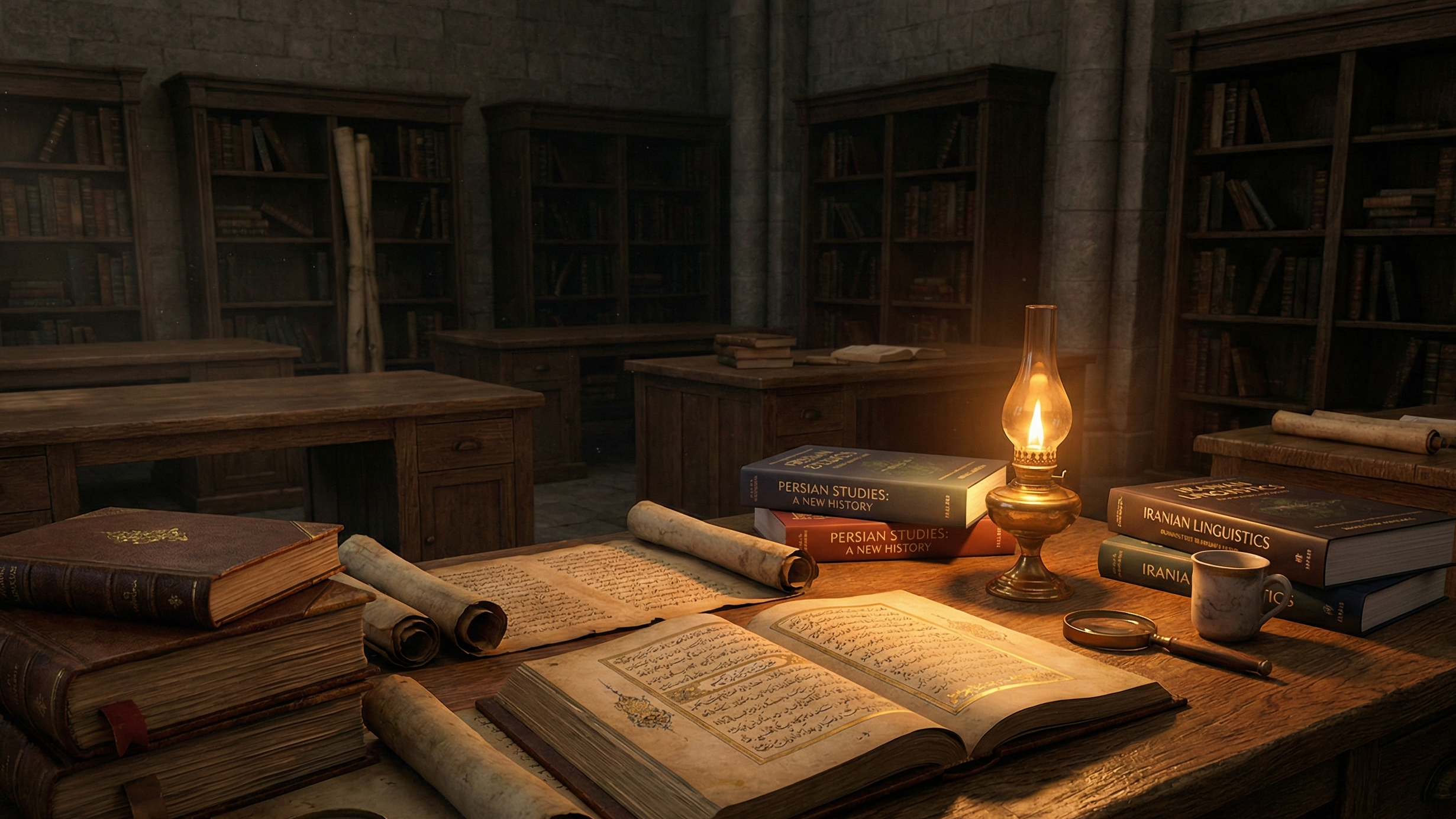Stacks of ancient Persian manuscripts and historical texts with golden calligraphy, alongside modern academic books and digital devices — representing the primary and secondary sources documenting Bahlul Lodi's reign