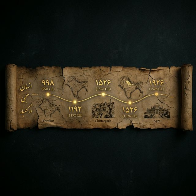 An ancient scroll unfurling across a dark background, marked with dates in Persian calligraphy, medieval Indian maps and fort illustrations along its length — representing the chronological timeline of Bahlul Lodi's campaigns